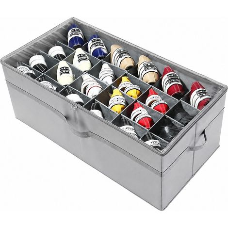 Boîte de rangement à chaussures pliable et transparente avec fond renforcé, poignée renforcée, empilable, en carton Oxford gris à 24 compartiments. (1/5)