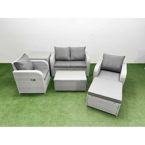 Fimous Light Grey PE Wicker Rattan Garden Furniture Set Sofa Set Reclining Adjustable Chair Rectangular Coffee Table 5 Seater With Footstool Side Table (1/4)