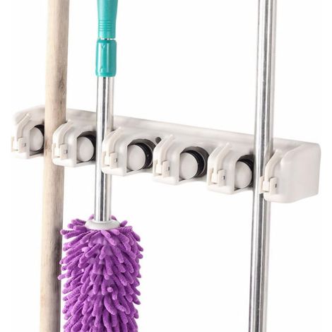 Organisateur Mural Multifonction Porte-balai en Plastique Abs Beige, Étagère 5 Positions avec 6 Crochets, Étanche et Gain de Place Cuisine et Garage (1/5)
