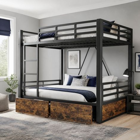Metall-Etagenbett 140 x 200 cm mit Schubladen, Leiter und Sicherheitsgittern, Schwarz OKWISH (1/5)