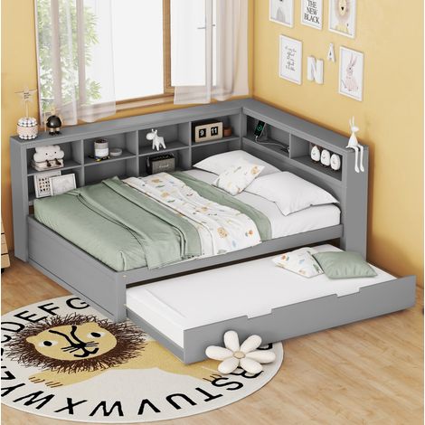 DESVIAE Canapé lit double en bois avec lit gigogne 140 x 200 90 x 190 rangement prise USB gris (1/5)