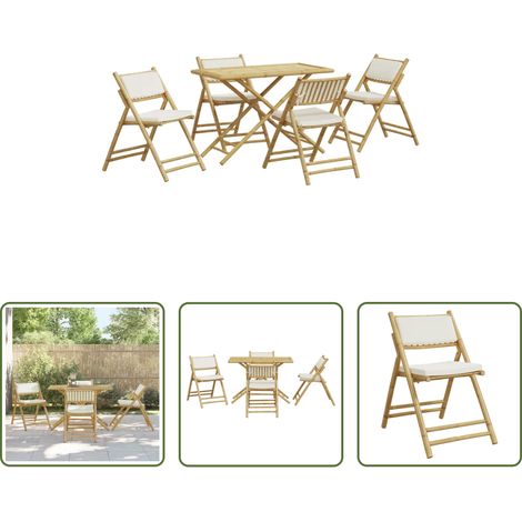 vidaXL Table extérieure - Ensemble de bistro pliante 5 pcs et coussins blanc crème bambou (1/5)