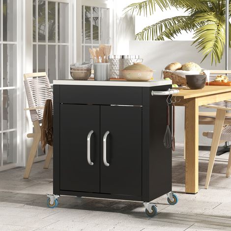 Carro de cocina de hierro negro con armario, encimera inox, ruedas y 6 ganchos 86x50x86,5 cm