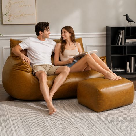 Sedia a sacco doppia con pouf - Grande sedia a sacco per adulti, adolescenti e bambini per soggiorni, camere da letto, dormitori, tessuto tecnico in finta pelle, marrone (1/5)