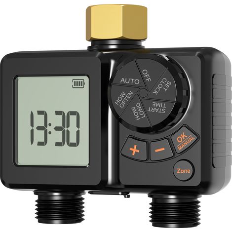 Bewässerungscomputer 2 Zonen – Aufladbar, Ohne App – LCD Display, Gartenbewässerung mit Timer – Manuelle Bewässerung – Schwarz (1/5)