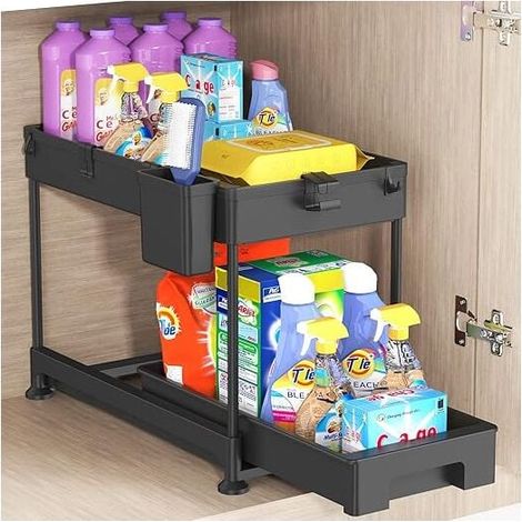 FOREHILL 1PCS Organiseur Sous Évier 2 Niveaux avec Crochets et Gobelets - Rangement Polyvalent Salle de Bain et Cuisine(1 Gobelets)