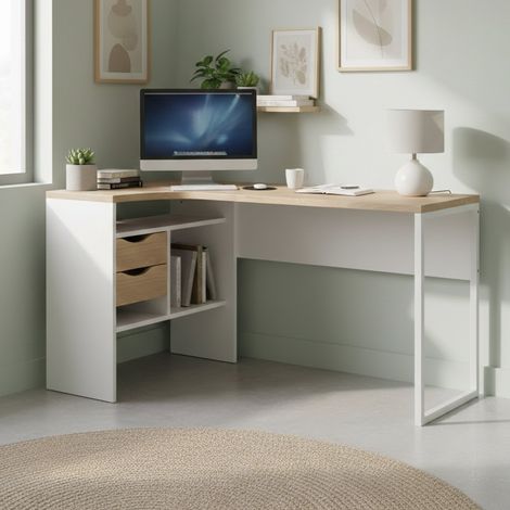 Dmora - Escritorio Patience, Escritorio multiusos, Mesa de oficina para PC, El plan de trabajo, 145x81 h77 cm, Blanco y Roble (1/5)