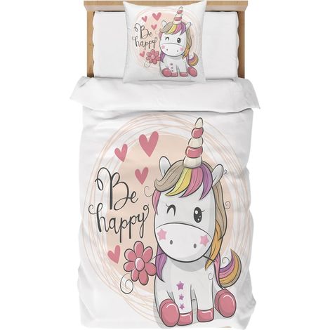 Housse de Couette Licorne 1 Personne 90x190 cm Enfant Parure de Lit en Microfibre, Housse Couette Fille et Taie d'oreiller 40x60 cm, 3D Imprimé Licorne Blanc (1/5)