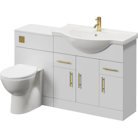 Alexander James Gloss White 1350mm 3 Door Vanity Unit Toilet Suite - 1350mm - Brushed Brass 96mm Knurled Bar HandleJames Toilet Pan and Seat