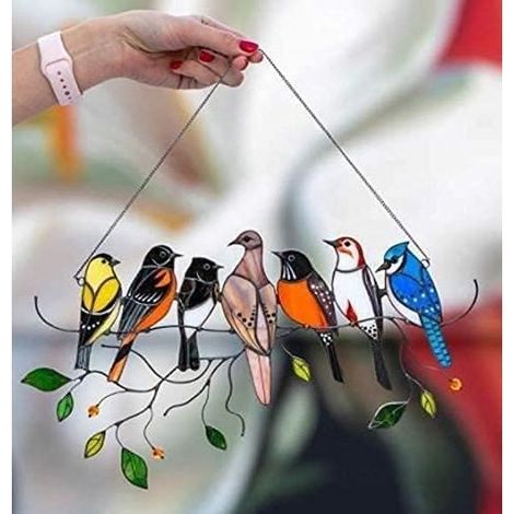 7 pièces Pendentif oiseaux vitrail, motif découpé artisanal, attrape-lumière pour fenêtre, décoration intérieure naturelle