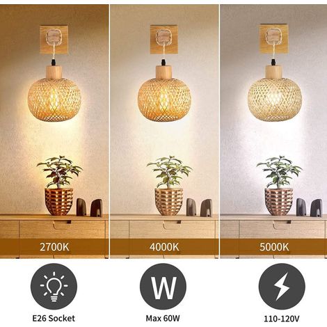 Lampada da comodino in bambù, dimmerabile, dimmer e lampadina non inclusi, lampada in rattan per sala da pranzo (1/4)