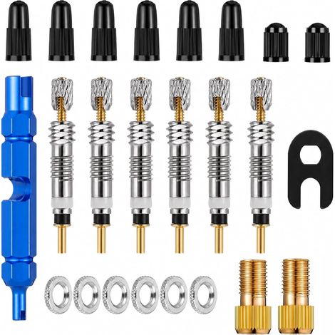 24 Pièces Valve Cores Obus Valve pour Presta et Schrader pour Vélo, Valve Tubeless VTT Adaptateurs Valve, Outil Démonte Obus, Capuchons, Écrous de Jante et Clé de Valve pour VTT Route Tubeless (1/5)