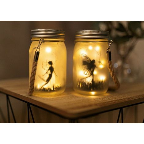 2x Solar Hanging Fairy LED Lanterns, Frosted Glass Fairy Light Lamp Garden or Indoor Mason Jar Lighting with 30 LEDs Firefly Lights