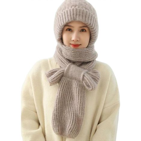 Damen-Wintermütze mit integriertem Schal, dick, warm, gestrickt, winddicht, hochelastisch, umfassender Schutz-Apricot