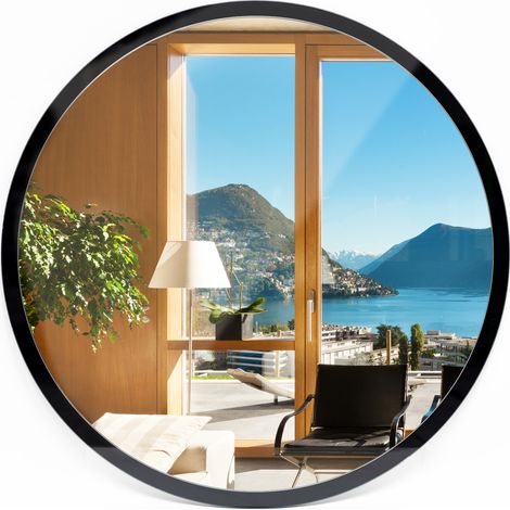 Miroir mural rond - Décoratif – sur un cadre noir - Pour le salon, la salle de bain, la chambre (1/5)
