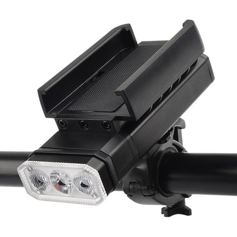 Feu avant vélo 3 LED rechargeable USB, projecteur orientable avec affichage de batterie, support téléphone intégré, 6 modes d'éclairage pour sortie nocturne extérieure. (1/5)