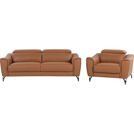 Conjunto de sofás 1 + 3 plazas en piel marrón dorado reposacabezas ajustables asiento ancho estilo retro NARWIK