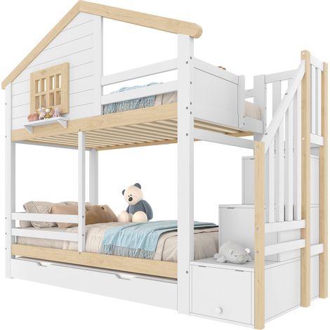 Etagenbett Kiefernholz Weiß/Natur 90x200 cm mit Ausziehbett, Stauraumleiter und Hausdesign (1/5)