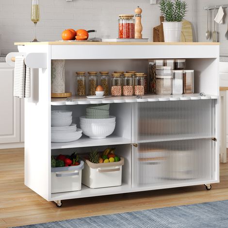 Carrello da cucina 122x46(69)x91 cm, piano pieghevole, ante scorrevoli in vetro temperato, MDF, bianco e naturale (1/5)