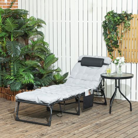 Bain de soleil chaise longue pliante avec coussin appuie-tête poche latérale inclinable 58 x 189 x 32,5 cm gris clair