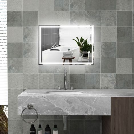 Miroir salle de bain LED 70x50x4 cm en verre blanc, anti-buée moderne, pour salle de bain FloraGrace (1/5)