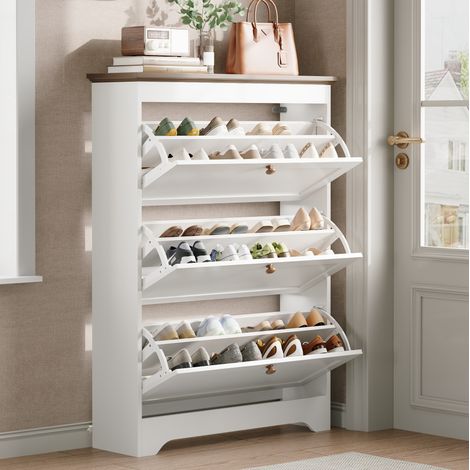 Schuhschrank à 3 abattants avec plateau, MDF blanc, poignées rondes en bois, 87 x 26 x 120 cm (1/5)