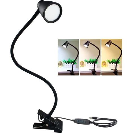 Lampe de lecture à LED, lampe à pince, 3 modes de couleur, 5 luminosités, lampe à pince pour table de chevet de bureau, alimentation USB 5 W, bras flexible