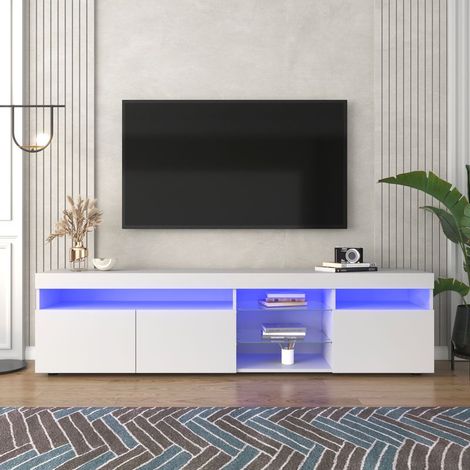 Meuble TV blanc brillant 180x35x45 cm  Éclairage LED variable  MDF de haute qualité  Panneau stratifié en verre (1/5)