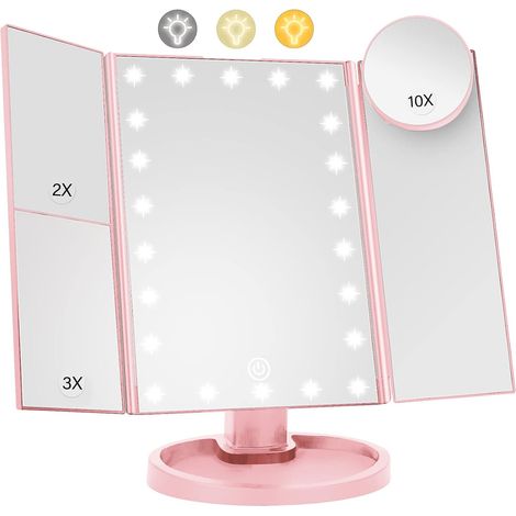 Specchio per il trucco illuminato con 22 LED, doppio ingrandimento 1x/2x/3x/10x, dimmerabile, angolo regolabile di 180 gradi, specchio da viaggio - Rosa (1/5)