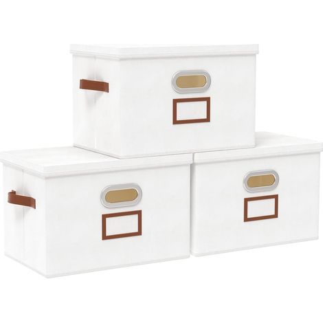 Lot de 3 Caisses de Rangement, Paniers Pliables avec Couvercle et Poignées, Boîte en Tissu Lavable, pour Vêtement, Magazine pour Maison (Blanc, 45 x 30 x 30 cm)