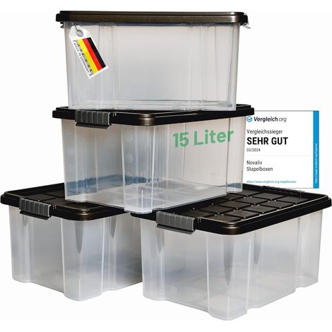 Novaliv 4x boîtes de rangement avec couvercle 15L anthracite Boîtes de rangement empilables emboîtables avec fermeture à clip Boîte en plastique sans