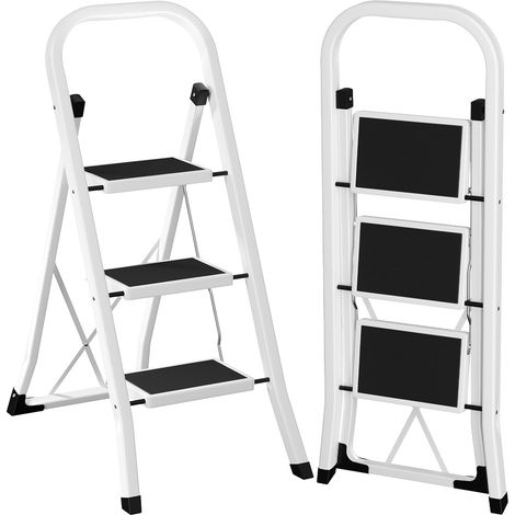 Escabeau 3 Marches Pliable, pour Maison, Jardin, Charge 150kg Petit Escabeau Pliable avec Large Pédale Antidérapante et Verrouillage de Sécurité, Blanc EBSL03WT (1/5)