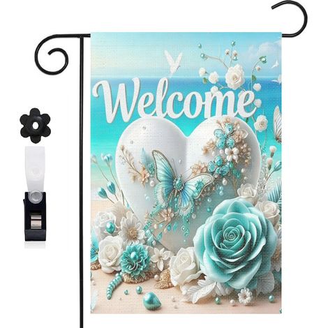 Drapeau vertical style côtier et cœur avec papillons 30 x 45 cm décoration jardin d'été (1/5)