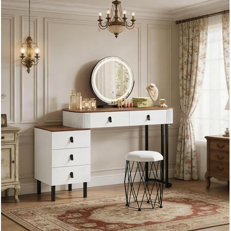 Coiffeuse 125x40x100 cm blanc et marron – miroir LED, avec tabouret (1/4)