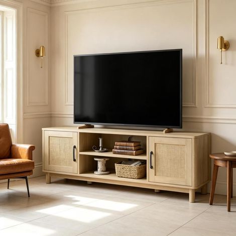 Meuble TV 135 cm panneau E1 avec niches ouvertes et placards double porte aspect rotin, support télévision jusqu'à 65 pouces, passe-câbles et pieds réglables (1/5)