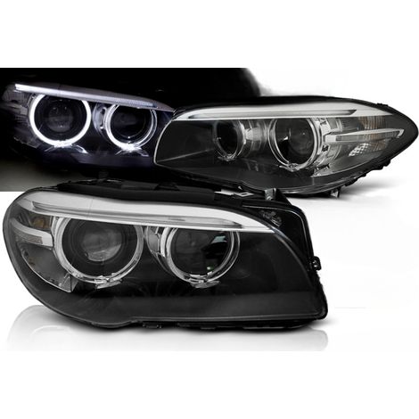 Paire de feux phares BMW serie 5 F10 / F11 de 2010 a 2013 xenon angel eyes led DRL noir-27361227 (1/4)