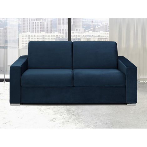 Canapé 3 places convertible express en velours bleu nuit - Couchage lattes larges 140 cm - Matelas 16 cm avec mousse à mémoire de forme CALITO (1/4)