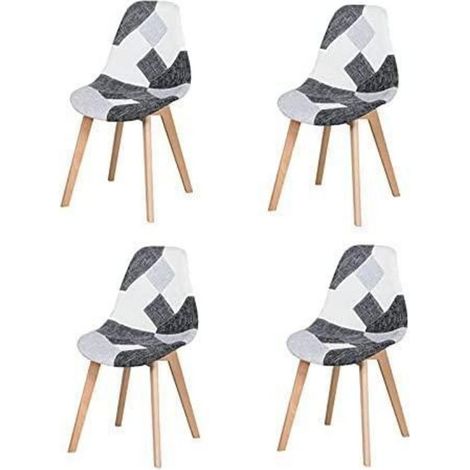 4er Set Esszimmerstühle Patchwork Stoff Grau Schwarz Weiß Holzbeine (1/5)