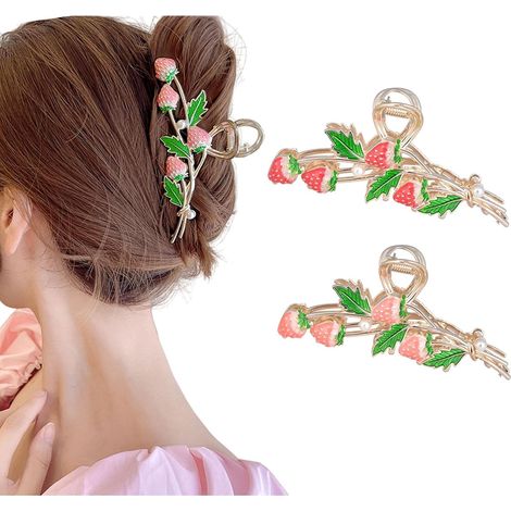 Set di due fermagli per capelli a forma di fragola, fermaglio per capelli in metallo a forma di fragola, fermaglio per capelli da donna color oro, accessori per donne e ragazze. (1/3)