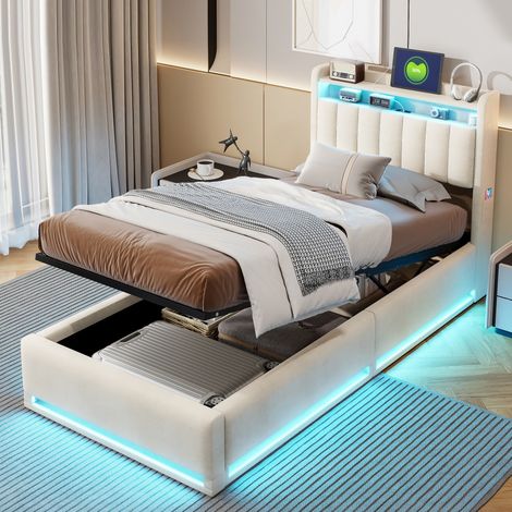 lit 90 x 200cm, lit coffre, Lit simple 90 x 200 avec Sommier, avec port USB et LED, Lit Rembourré, Cadre de Lit, velours, Beige (1/5)