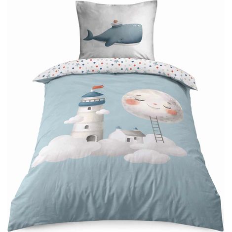 Parure housse de couette enfant MOBY – 140 x 200 cm – 100% coton – Bleu - 140x200cm - Bleu ciel