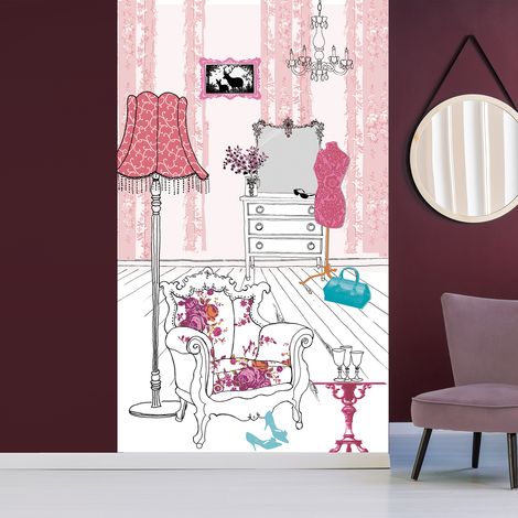 Papier peint intissé rose baroque, 250 cm X 150 cm, illustration déco mélange couleurs, salon, décoration intérieure. (1/2)
