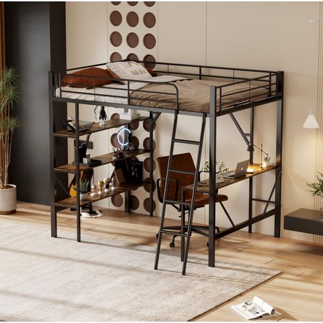 Lit mezzanine 90x200 cm noir en métal et MDF avec bureau et 3 étagères (1/5)