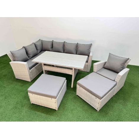 Fimous 9 Seater Rattan Garden Furniture Set Outdoor Patio Dining Corner Sofa Sets with Dining Table Chair 2 Big Footstools Light Grey Mixed (1/5)