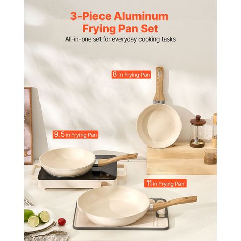 Poêle en Aluminium Lot de 3PCs 20/24/28 cm, Sauteuse en Céramique Antiadhésive avec Poignée Résistante à la Chaleur, Ustensiles de Cuisine Restaurant, pour Gaz, Électrique, Induction, Beige (1/5)