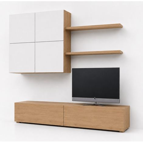 Parete Attrezzata Per Soggiorno Con Base TV 2 Ante Pensile 4 Ante E 2 Mensole In Melaminico Design Contemporaneo Facile Da Pulire 200 X 194 X 40 Cm Bianco E Rovere (1/5)