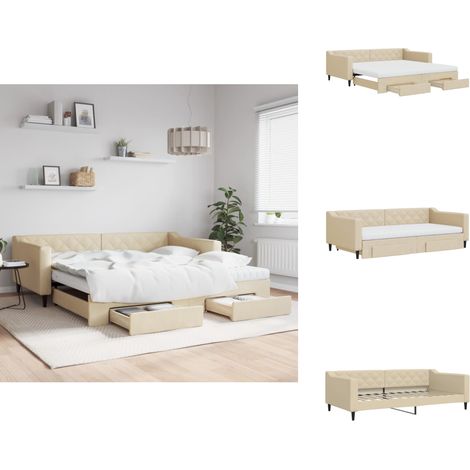 Lit de jour avec gigogne et tiroirs crème 100x200 cm tissu - Lit De Jour Avec Lit Gigogne - Lits De Jour Avec Lits Gigognes - Canapé-lit - Lit D'appoint (1/5)