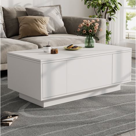 Table basse 100x50x43 cm blanche en panneaux de particules avec double plateau relevable et rangement (1/5)