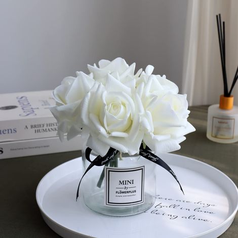 Artificial Flowers with White Roses in Vase, Fake Flowers in Glass Jar with Ribbon, Silk Flower Arrangements in Vase with Artificial Flowers for Home Dining Table Decor. (1/5)