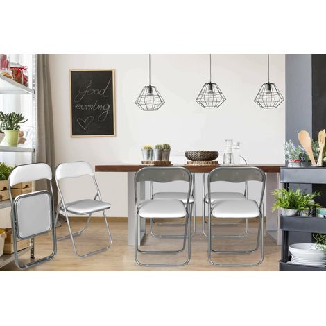 Lot de 6 chaises pliante Marbella, Fauteuil gain de place, Chaise invité, Siège de réunion en simili cuir, 43x47h80 cm, Blanc (1/5)